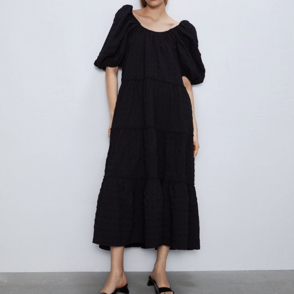 Zara Black Midi Sundress Scoop Neck Short Sleeve